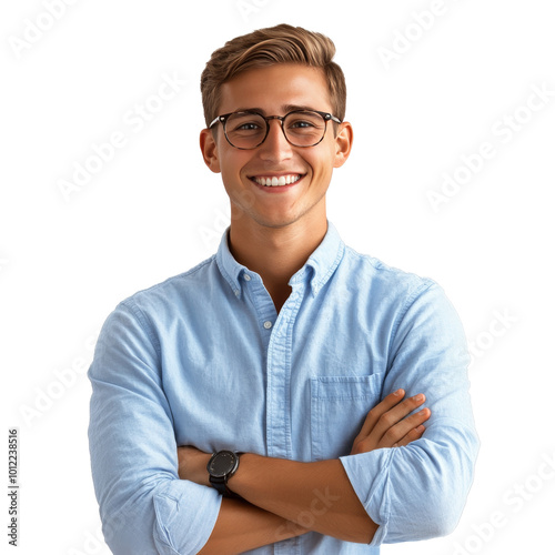 Young man with glasses smiles confidently while crossing arms in a profession...