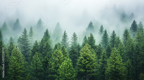 A foggy forest scene with rows of green pines fading into the mist. The cool, dewy air hangs thick, blurring the details of the distant trees, while the rich green foliage stands out in sharp contrast
