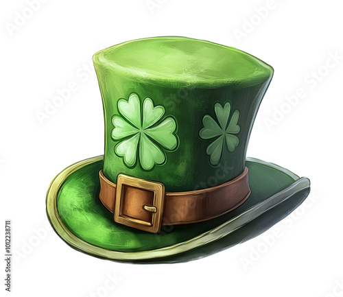 A vibrant green leprechaun hat adorned with shamrocks, perfect for celebratin...
