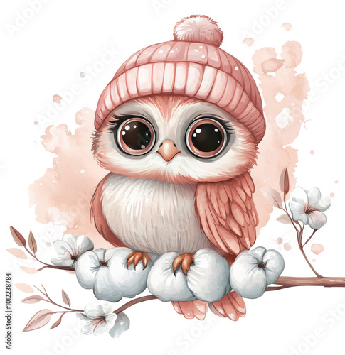 Cute owl wearing a pink knitted hat sitting on a cotton branch with pastel ba...