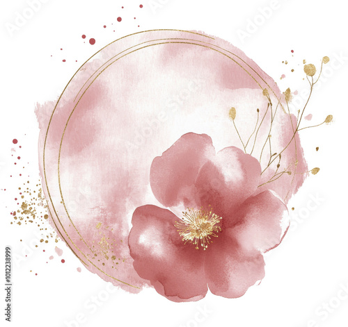 Soft pink watercolor flower with gold accents in a circular design