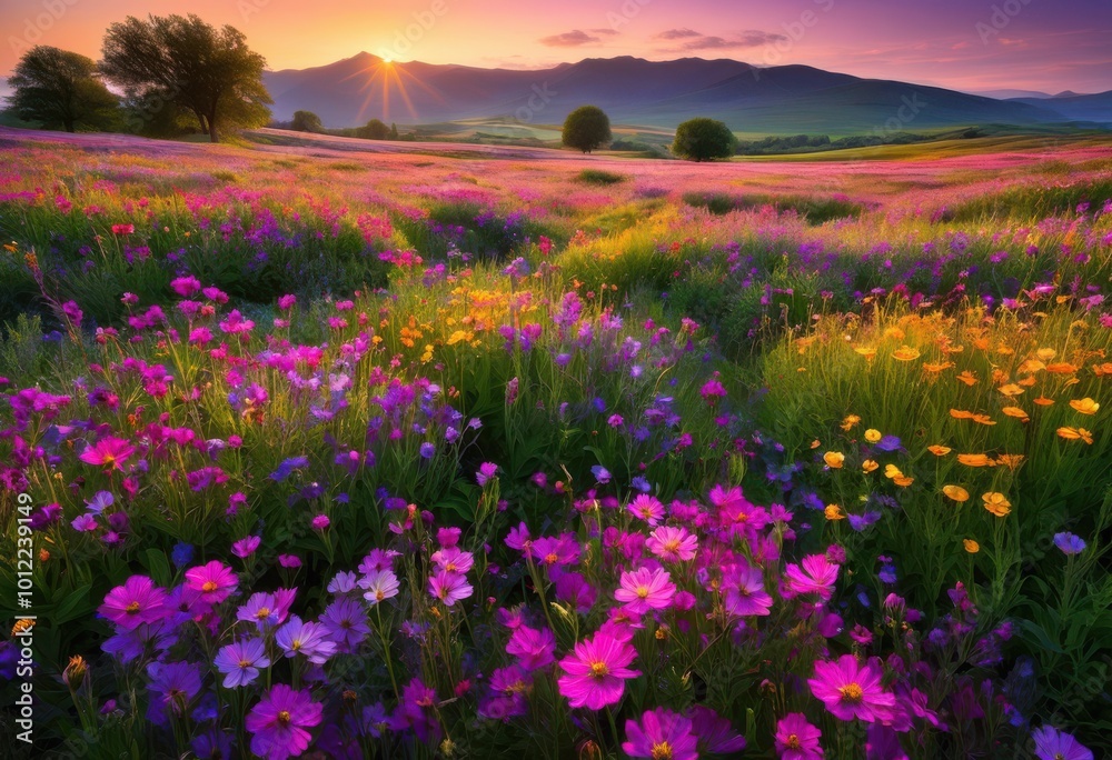 Obraz premium breathtaking vibrant wildflower fields bathed warm sunrise light showcasing untouched natural beauty brilliant colors, bloom, nature, landscape, grass, petal