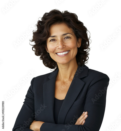 Confident professional woman in a black blazer poses with a smile against a l...