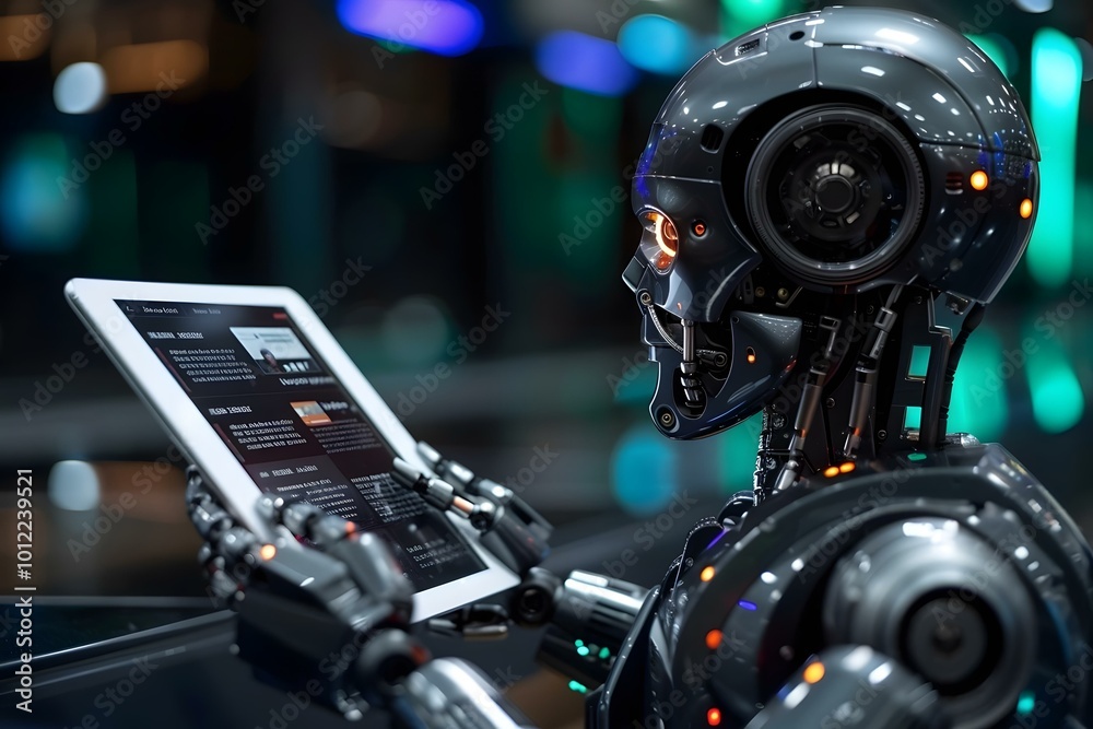 Close-up Of A Humanoid Robot's Hand Using Digital Tablet With Screen Showing Online News Close-up Of A Humanoid Robot's Hand Using Digital Tablet With Screen Showing Online News