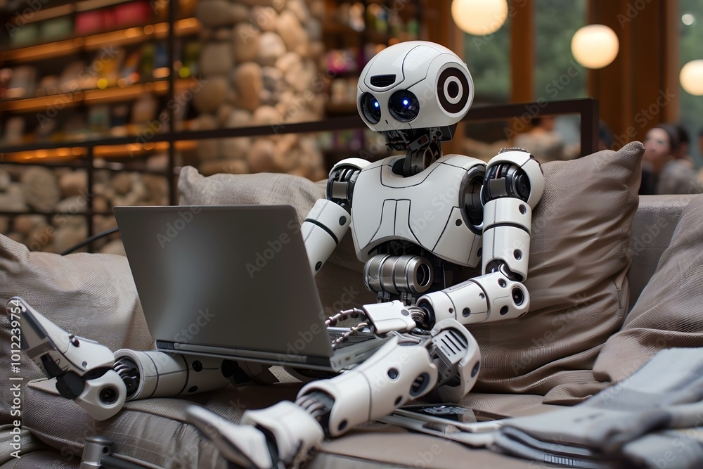Humanoid Robot Sitting On Couch Doing Online Shopping On Laptop Humanoid Robot Sitting On Couch Doing Online Shopping On Laptop