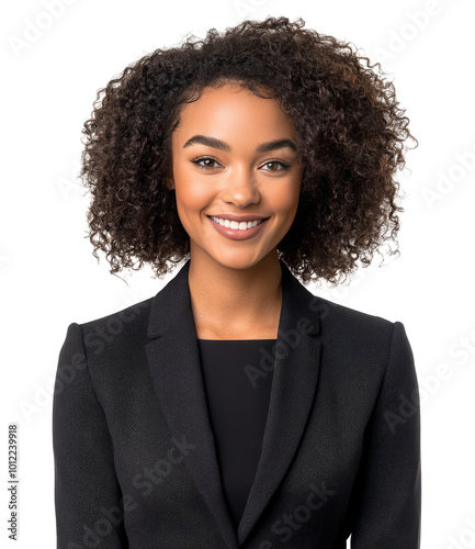Professional business portrait of a smiling woman in a black suit against a w...