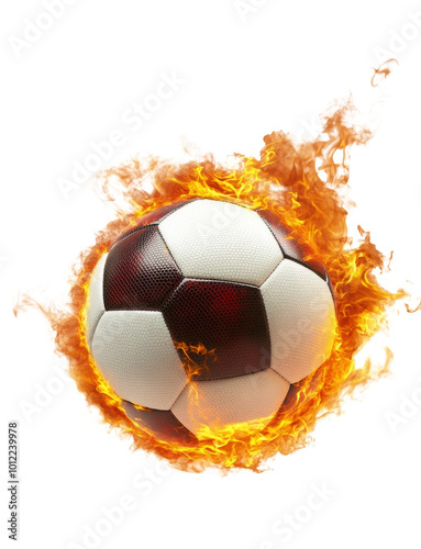 A flaming soccer ball in motion creating an intense action scene in a sports-...