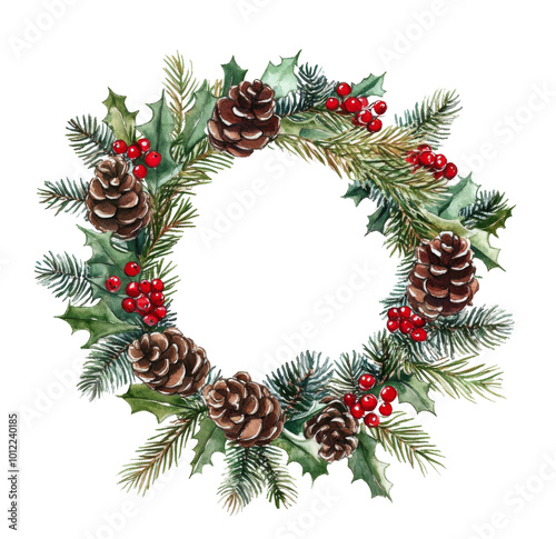 Festive holiday wreath adorned with pinecones and seasonal greenery for winte...