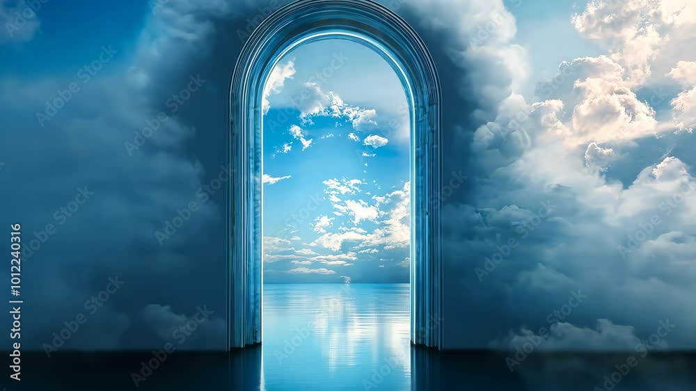 Gateway to the sky with reflections over water, surreal landscape concept