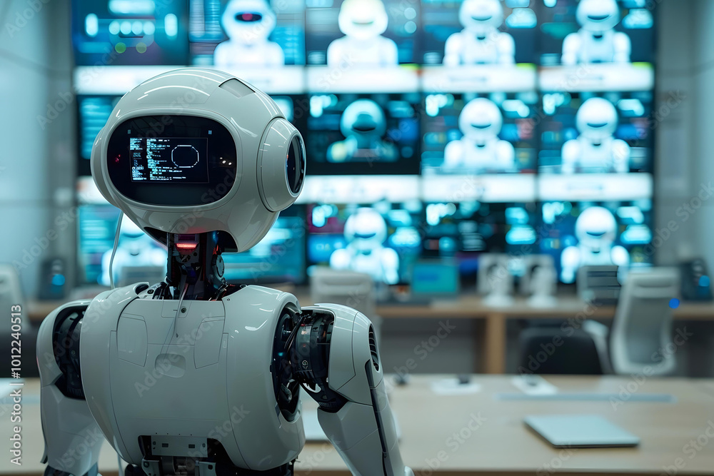 Rear view of humanoid robot looking at CCTV footage at desk in office, security, ai, artificial, computer, intelligence, code, cctv, tech, machine, system, technology, future, operator, 4, 0 Rear view of humanoid robot looking at CCTV footage at desk in office, security, ai, artificial, computer, intelligence, code, cctv, tech, machine, system, technology, future, operator, 4, 0