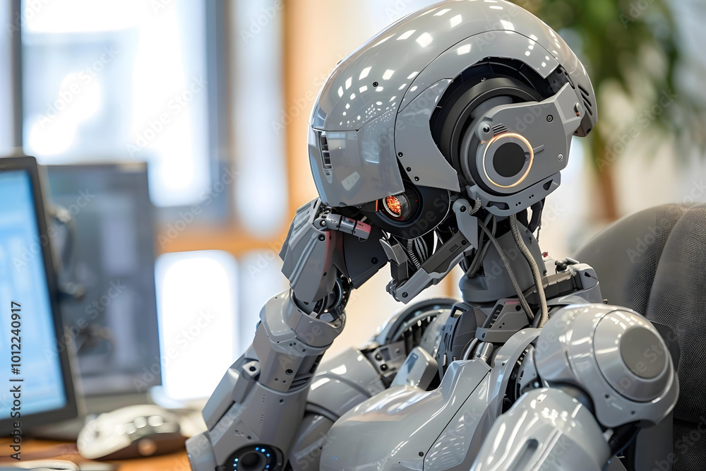 Stressed Humanoid Robot Sitting With Head In Hand While Working Late In Office. Stressed Humanoid Robot Sitting With Head In Hand While Working Late In Office.