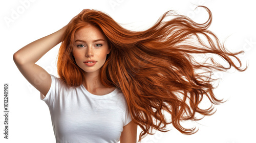 A young woman with vibrant red hair poses gracefully against a simple background photo