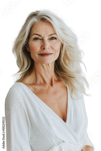 Elegant elderly woman with silver hair wearing a lace dress against a neutral...