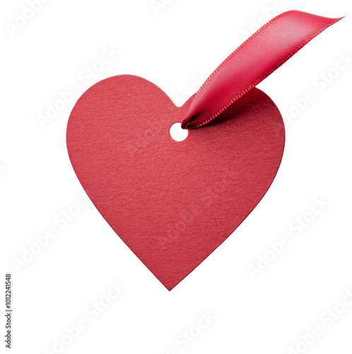Red heart-shaped tag with a ribbon on a white background for Valentines Day o...