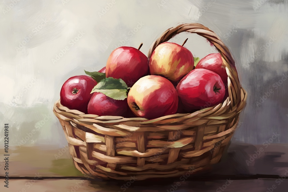 A beautiful painting of a basket filled with apples A beautiful painting of a basket filled with apples