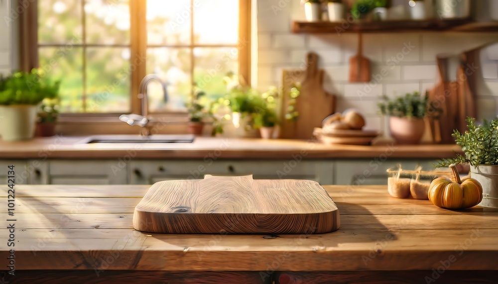 Rustic kitchen with a wooden cutting board on a table, bright sunlight streaming through the window in the morning. Generative AI Rustic kitchen with a wooden cutting board on a table, bright sunlight streaming through the window in the morning. Generative AI