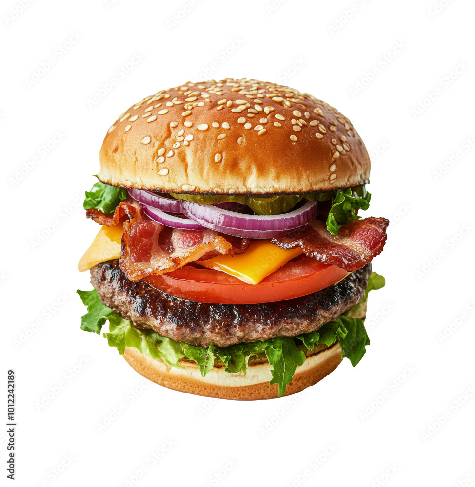 Tasty grilled burger with bacon, cheese, and fresh toppings on a soft bun Tasty grilled burger with bacon, cheese, and fresh toppings on a soft bun