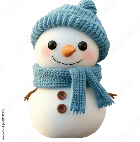 Snowman wearing a blue hat and scarf stands cheerfully in a winter setting