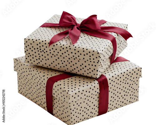 Beautifully wrapped holiday gifts with red bows on a white background ready f...