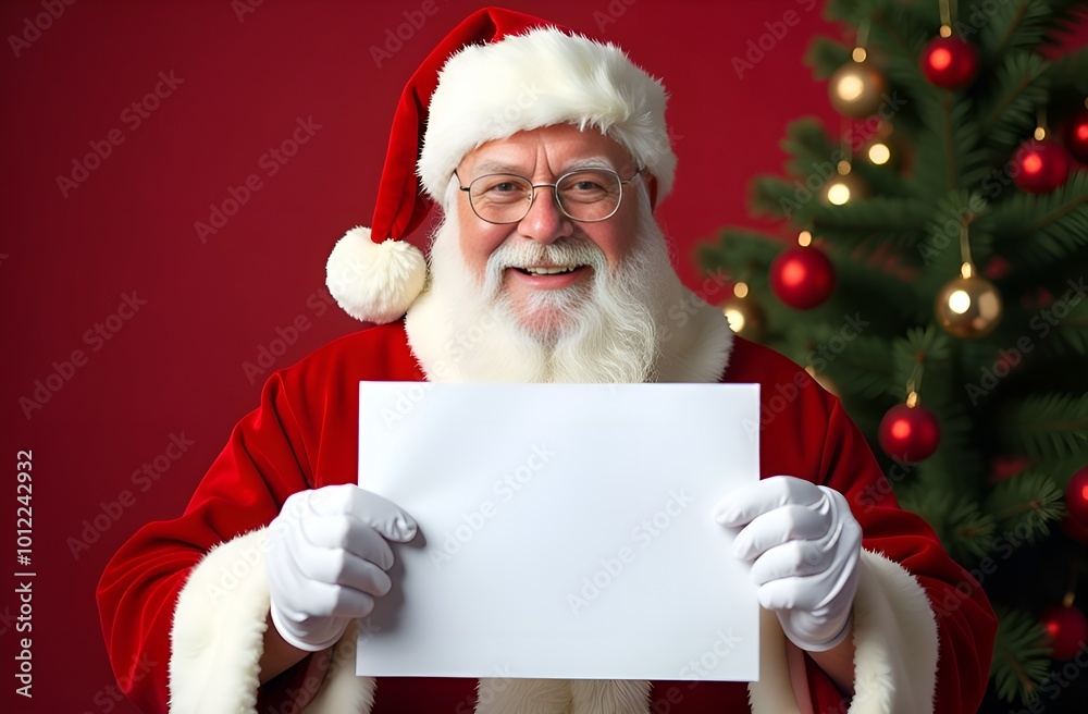 Naklejka premium Santa Claus holding a white sheet paper. Copy space. Red background. Christmas tree in the backdrop.