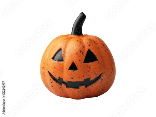 A carved pumpkin with a smiling face on a plain white background for Hallowee...