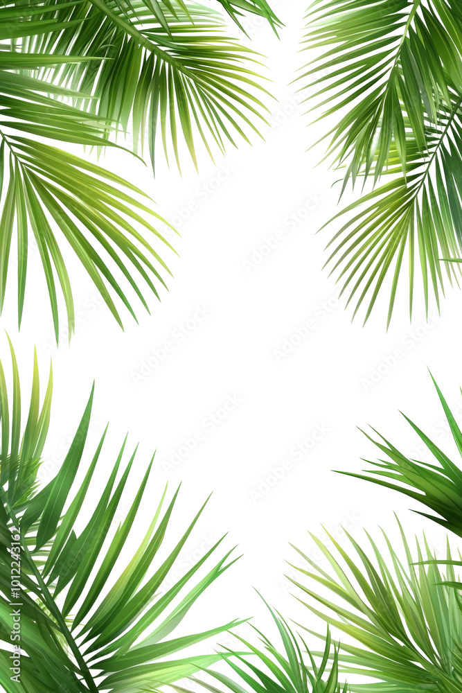 Lush green palm leaves frame a bright white background in a tropical setting