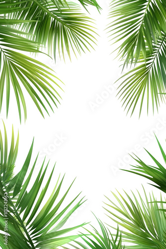 Lush green palm leaves frame a bright white background in a tropical setting
