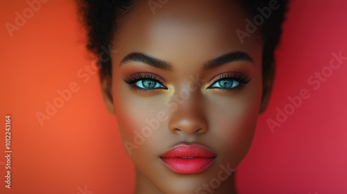 Close-up Portrait of a Woman with Striking Blue Eyes and a Warm Background