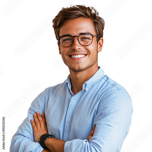 Young man with glasses smiles confidently while crossing arms in a profession...