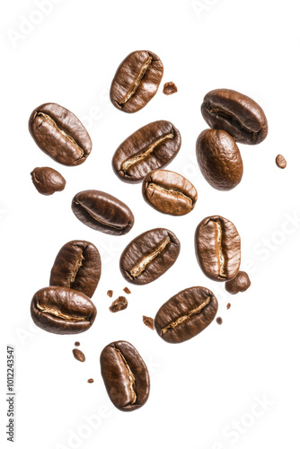 Coffee beans in mid-air showcasing their rich color and texture against a pla...