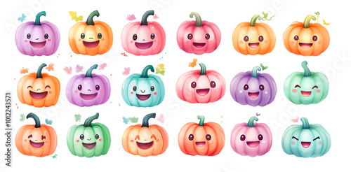 Cute and Colorful Cartoon Pumpkins with Smiling Faces in Various Shades, Cutout, Isolated on Transparent PNG/White 