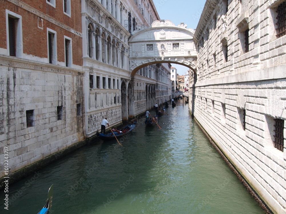 Obraz premium Gondoliers sail on a gondola in Venice