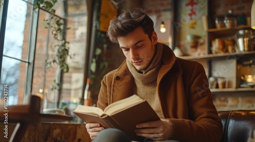 Man reading a book in a cafe