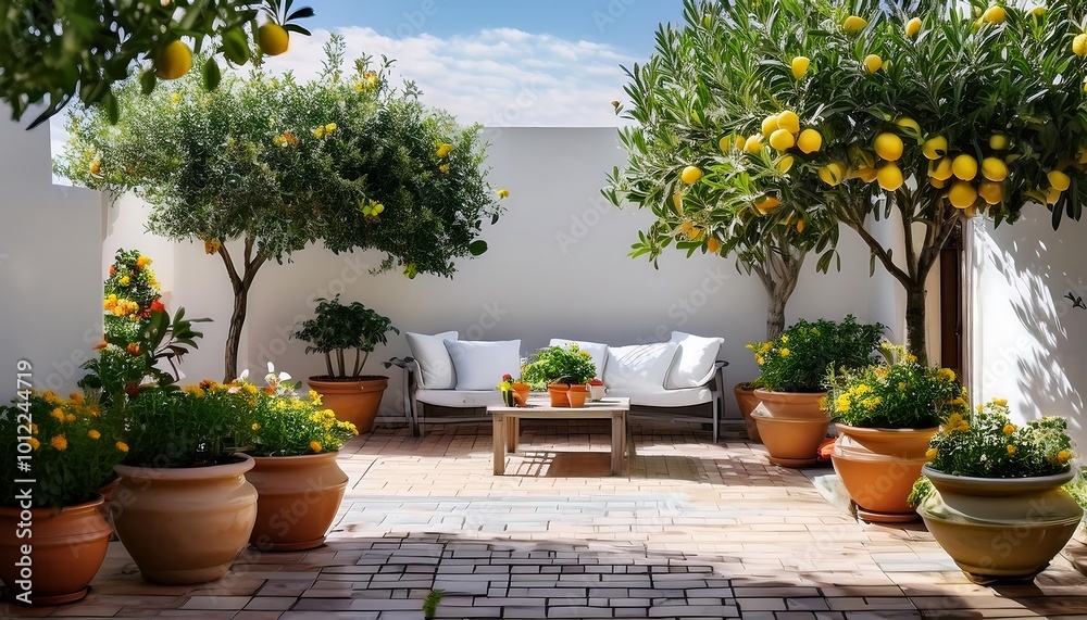 Serene Mediterranean backyard with lemon and olive trees in elegant white pots under a clear blue sky. Generative AI Serene Mediterranean backyard with lemon and olive trees in elegant white pots under a clear blue sky. Generative AI