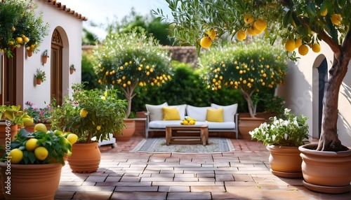 Serene Mediterranean backyard with lush lemon and olive trees in elegant pots during a sunny afternoon. Generative AI