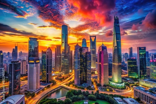 Futuristic city skyline at sunset with vibrant colors and advanced architecture in a digital landscape