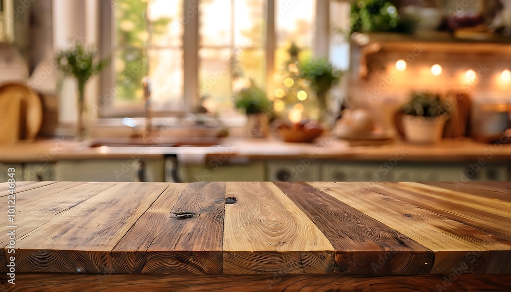 A rustic wooden cutting board on a sunlit dining table with a blurred, decorated kitchen in the background A rustic wooden cutting board on a sunlit dining table with a blurred, decorated kitchen in the background