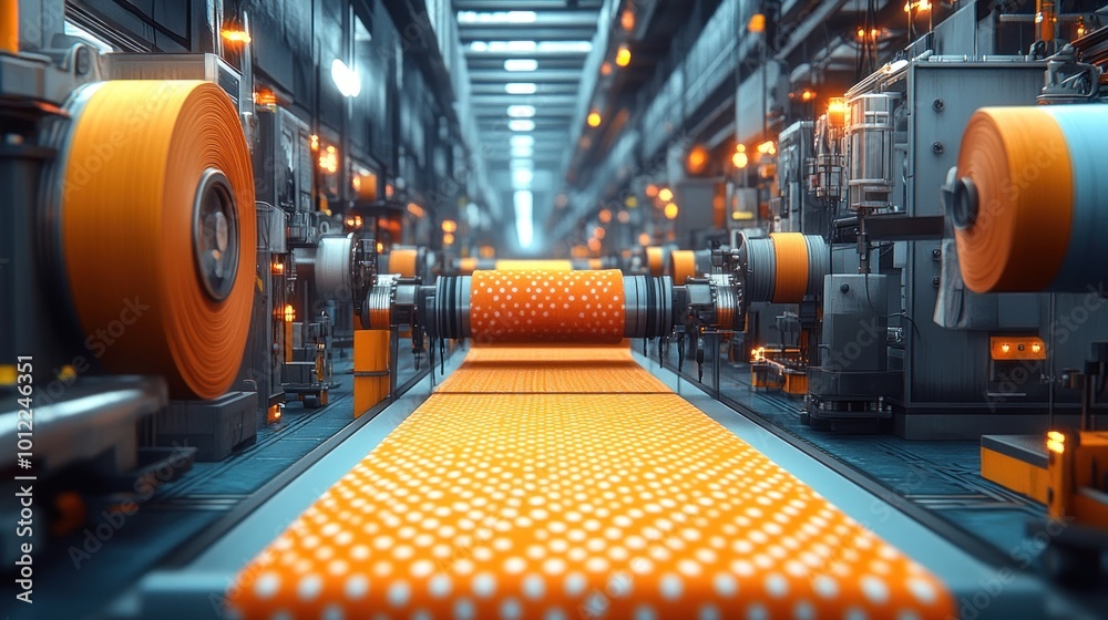 Fototapeta premium A modern factory with a conveyor belt carrying orange fabric with white polka dots. The belt is moving through a series of rollers and machines.
