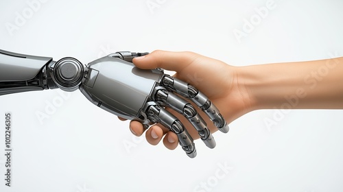 A robotic arm and a human hand engaged in a handshake against a clean white background