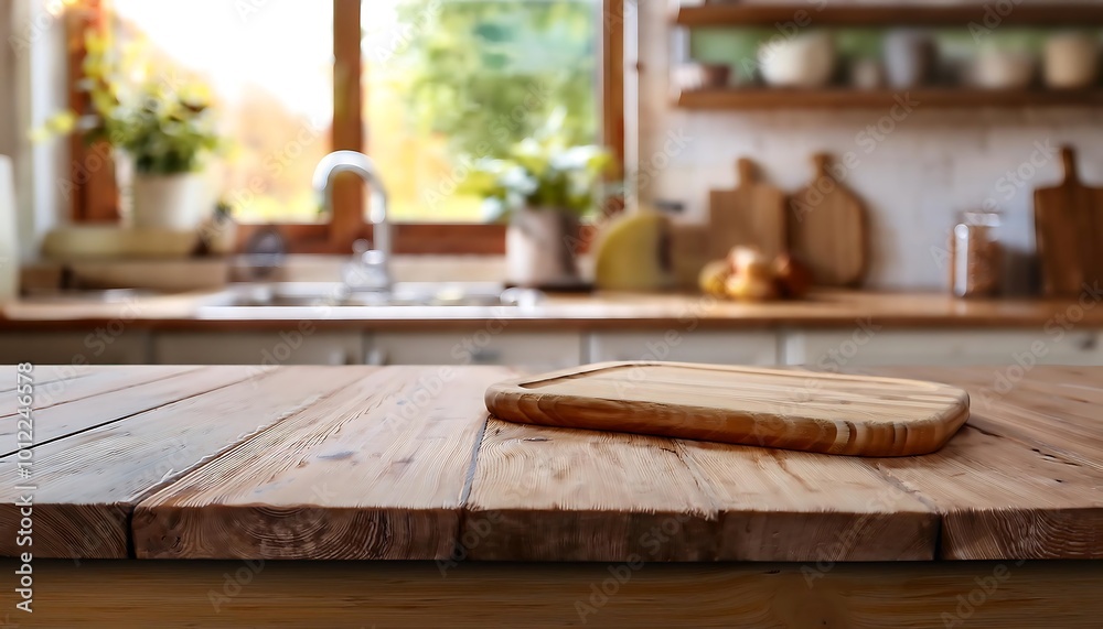 A wooden cutting board on a rustic table in a bright kitchen filled with natural light and greenery. Generative AI A wooden cutting board on a rustic table in a bright kitchen filled with natural light and greenery. Generative AI