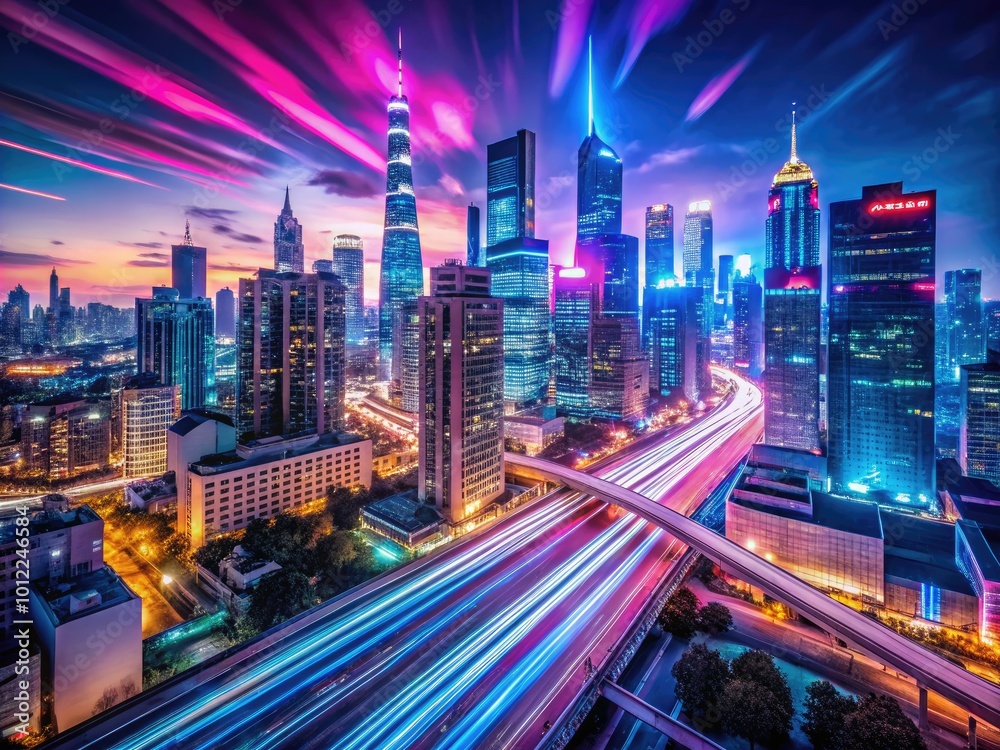 Fototapeta premium Futuristic urban skyline with neon lights and advanced technology reflecting a dystopian atmosphere