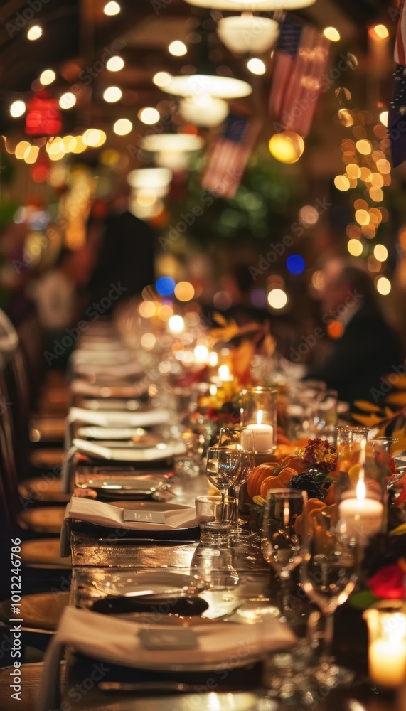 Elegant Columbus Day Dinner with Autumn Centerpieces and Candlelit Ambiance at Stylish Restaurant Elegant Columbus Day Dinner with Autumn Centerpieces and Candlelit Ambiance at Stylish Restaurant