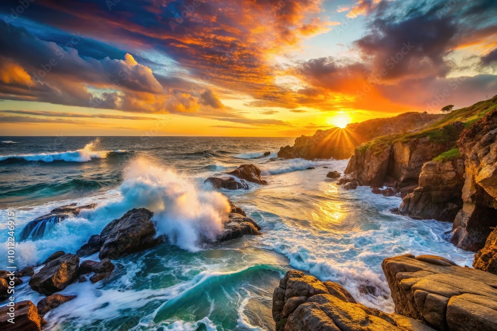Fototapeta premium Gentle Waves Crashing Against Rugged Rocks at Sunset Along a Serene Coastal Landscape