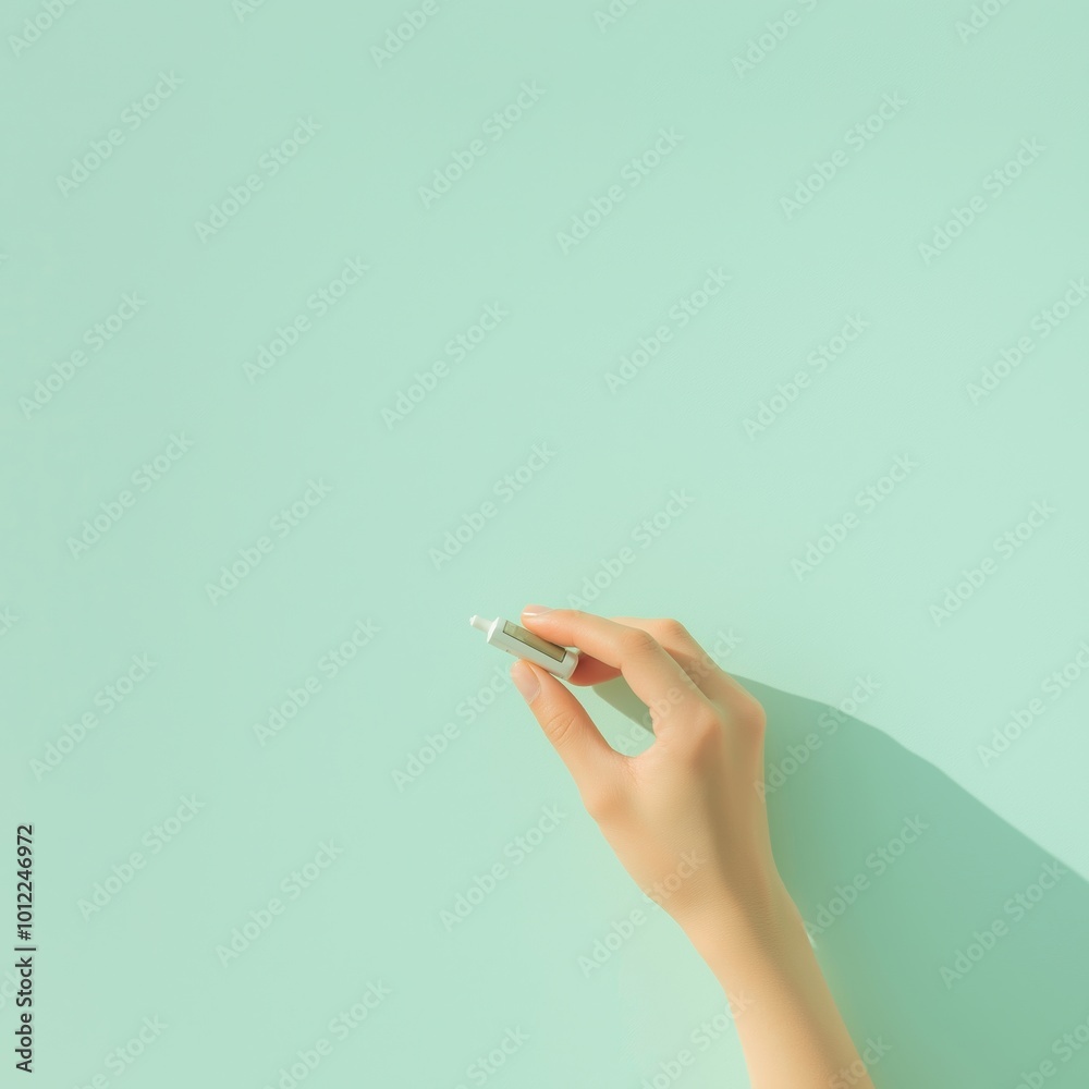 A young adult's hand holds a glucose meter against a pastel green background, emphasizing simplicity and minimalism A young adult's hand holds a glucose meter against a pastel green background, emphasizing simplicity and minimalism