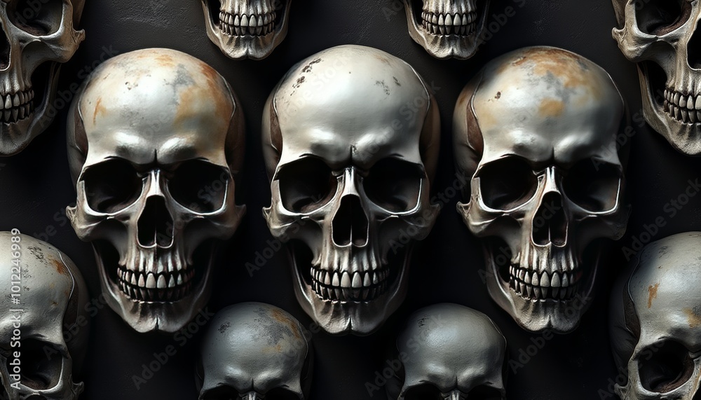 Eerie metallic skulls arranged in rows symbolizing mortality and darkness Eerie metallic skulls arranged in rows symbolizing mortality and darkness