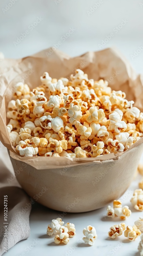 A bowl of salted caramel popcorn spills onto a white surface, featuring a minimalistic aesthetic with selective focus A bowl of salted caramel popcorn spills onto a white surface, featuring a minimalistic aesthetic with selective focus