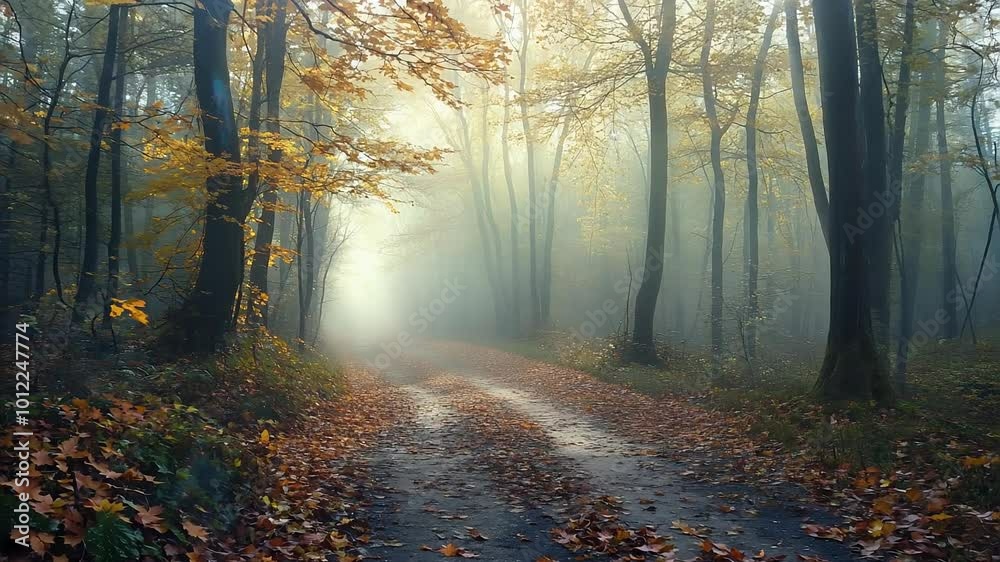 Enchanting Forest Pathway with Golden Autumn Leaves