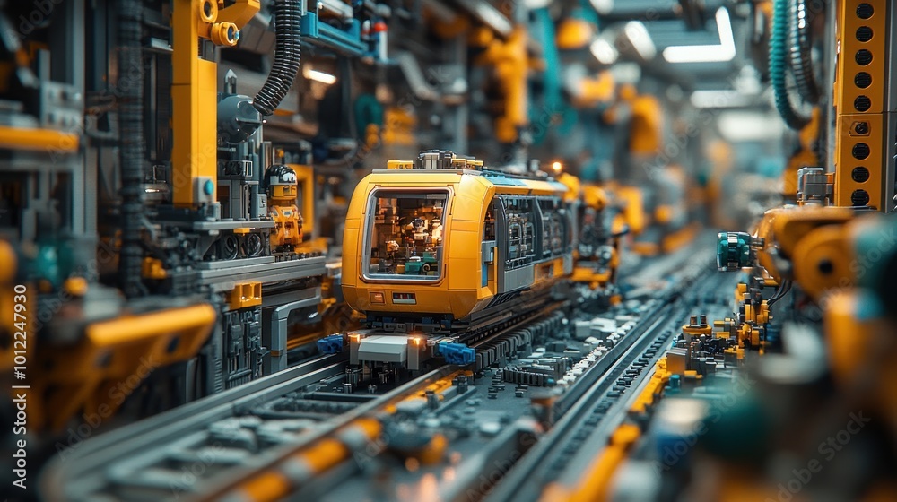 A yellow toy train travels along a track in a model factory, made of various colorful building blocks. A yellow toy train travels along a track in a model factory, made of various colorful building blocks.