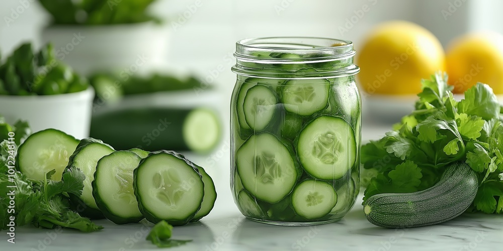 A glass jar filled with sliced cucumbers and fresh green vegetables, set against a white background with space for text A glass jar filled with sliced cucumbers and fresh green vegetables, set against a white background with space for text