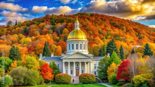Golden Dome of Vermont State Capitol Building Surrounded by Autumn Foliage in Montpelier, Vermont